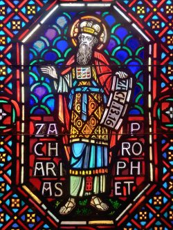 A stained glass window of zacharias the prophet.